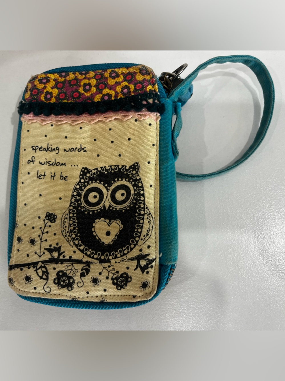 Natural Life Owl Wristlet Pouch in Teal with Floral Trim